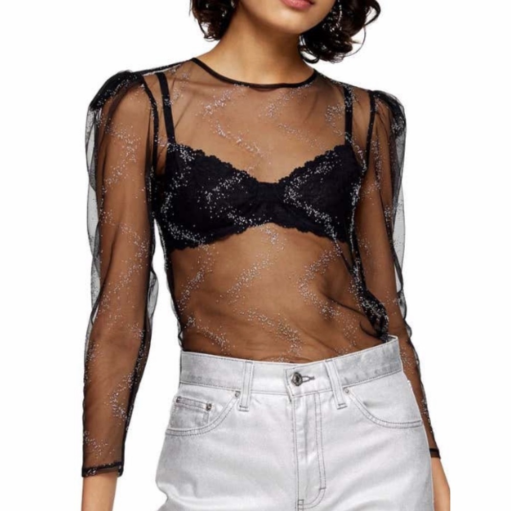 TOPSHOP Crystal Embellished Sheer Mesh Top - Picture 3 of 13